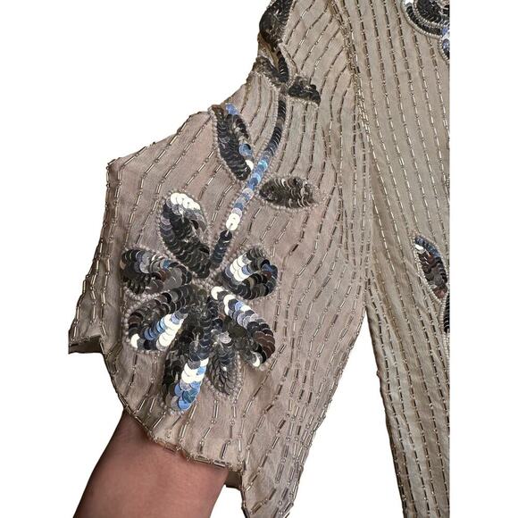 Vintage 60s Ivory Sequin Floral Beaded Silk Top Sz M 3/4 Sleeve Scalloped Beaded - Picture 6 of 16